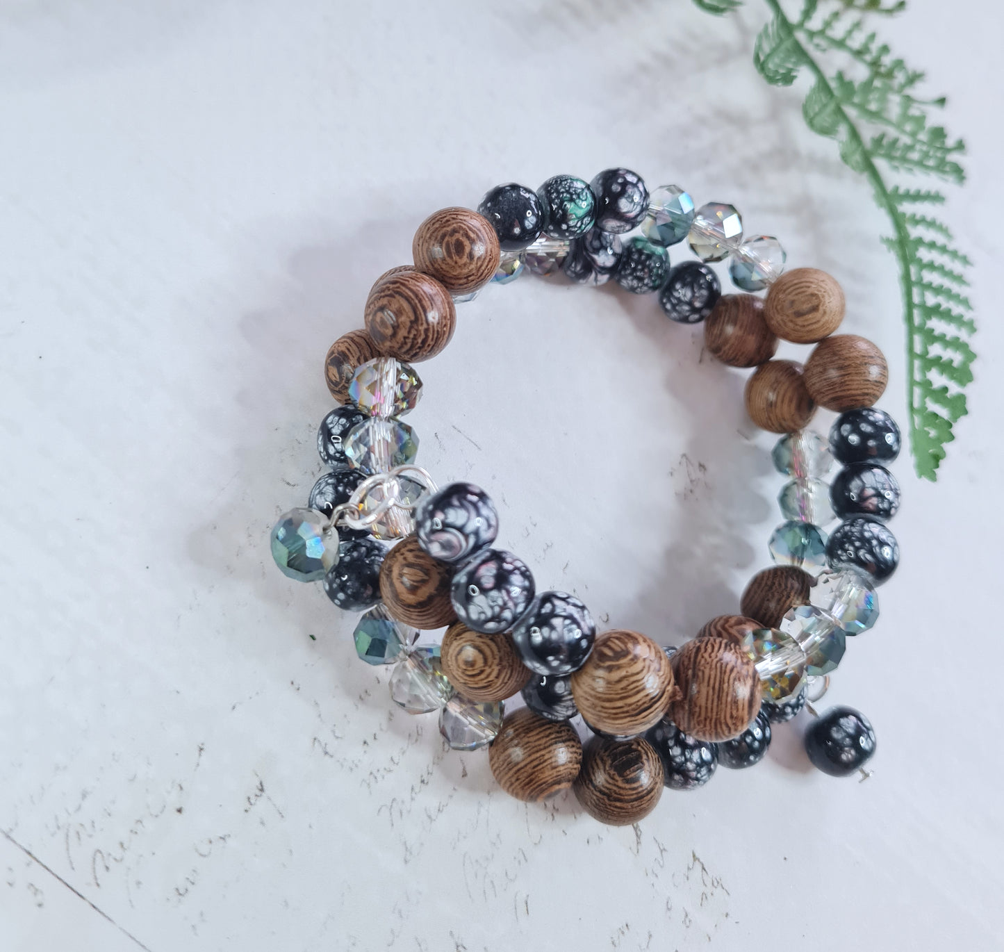Armband - Glit, viðartónar, svart og túrkís