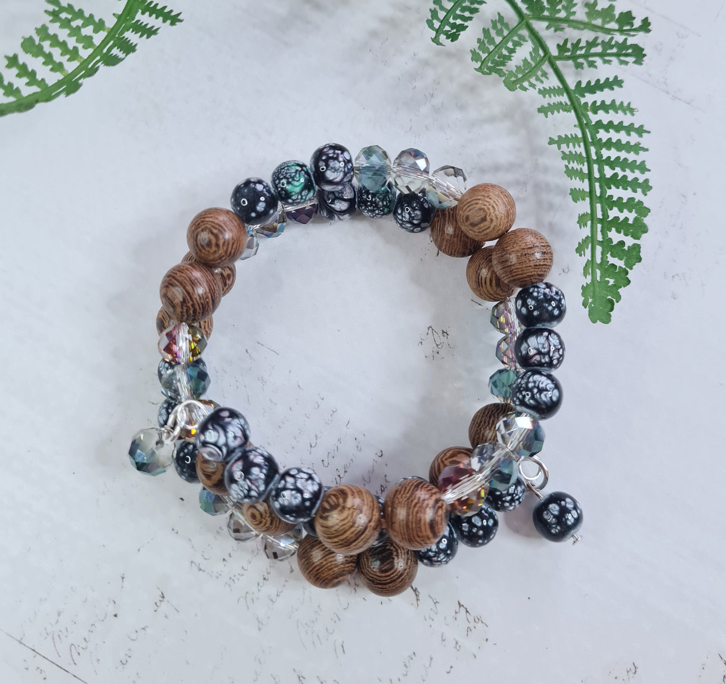 Armband - Glit, viðartónar, svart og túrkís
